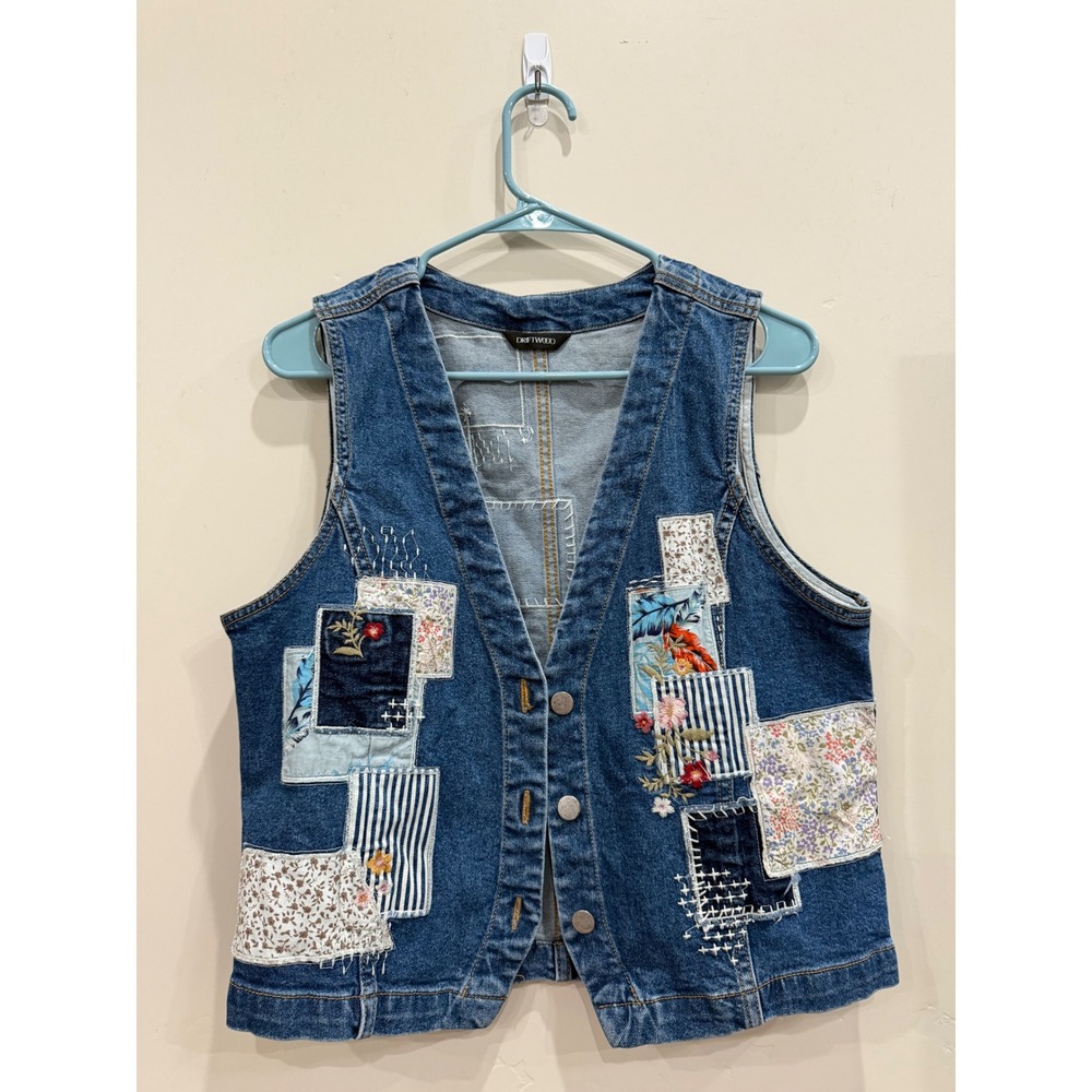 100% Cotton Womens Denim Patchwork Embroidered Floral Boho Vest Blue Large L